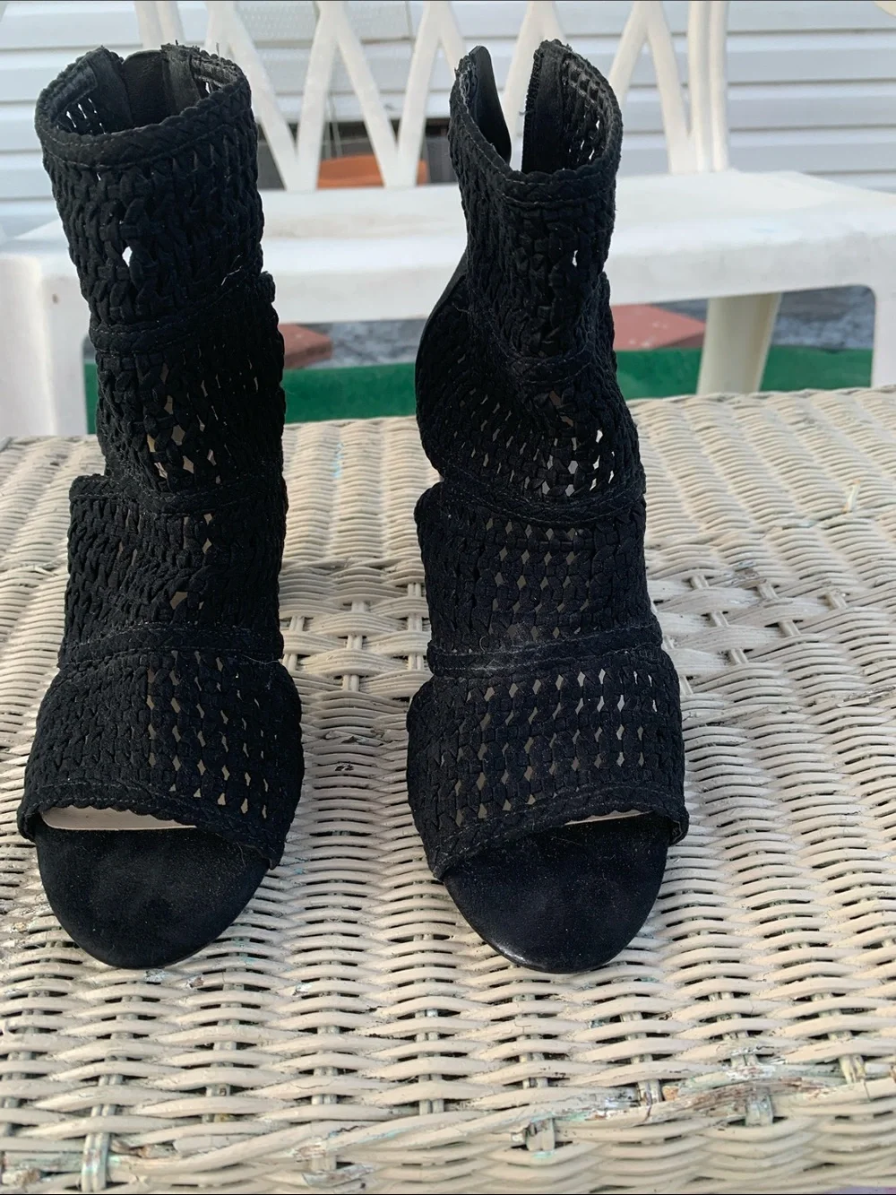 Fergie Black Crocheted Open-Toe Block Heel Booties